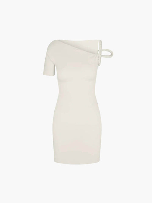 Asymmetrisches Mini Kleid mit Twist Detail – Figurbetontes Damenkleid-Dresses-Creme-S-Vera Lusso