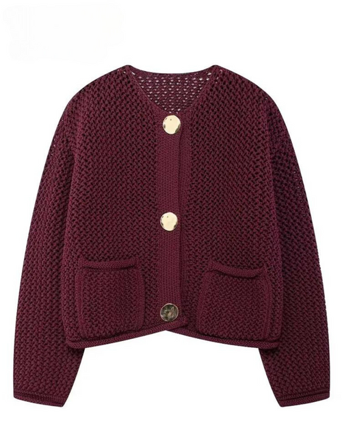 Bordeauxfarbene Damen-Strickjacke-Cardigan-Burgund-S-Vera Lusso