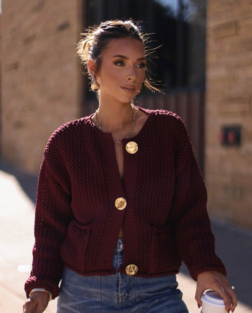 Bordeauxfarbene Damen-Strickjacke-Cardigan-Vera Lusso