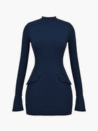 Elegantes Bodycon Kleid mit Langarm – Damen Cocktailkleid-Dresses-Marineblau-S-Vera Lusso