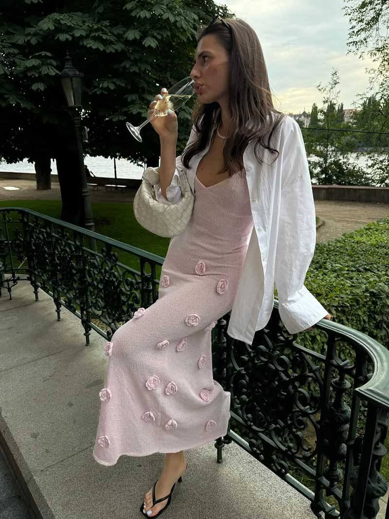 Elegantes Häkel Maxi Kleid mit Blumen – Figurbetontes Damenkleid-Jurken-Vera Lusso