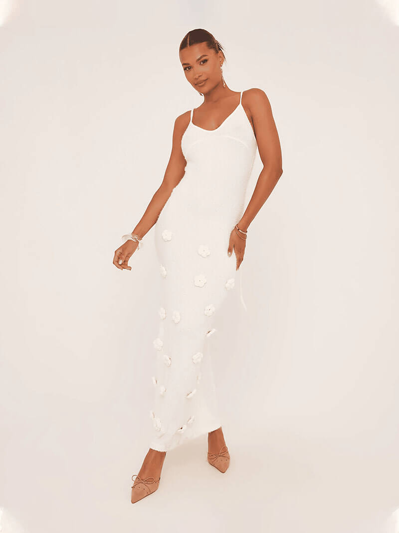 Elegantes Häkel Maxi Kleid mit Blumen – Figurbetontes Damenkleid-Jurken-Vera Lusso