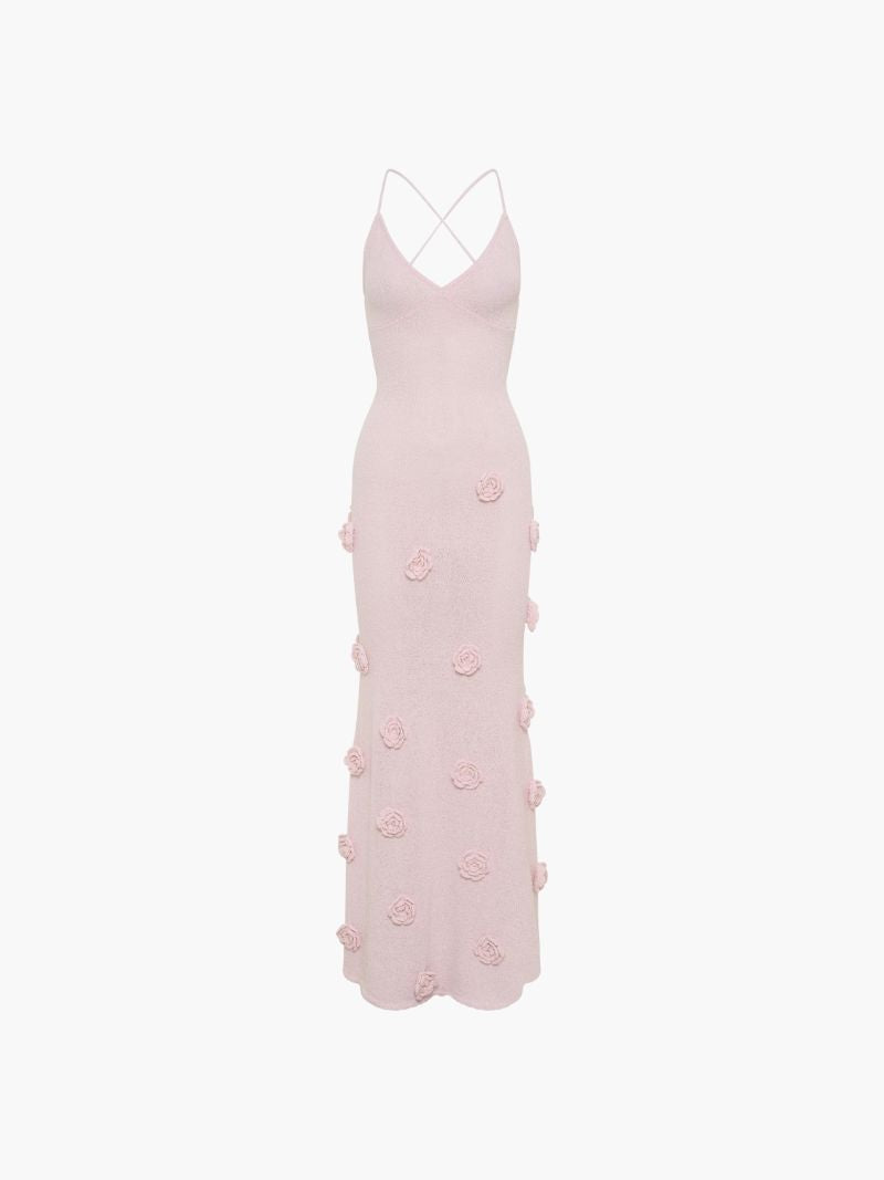 Elegantes Häkel Maxi Kleid mit Blumen – Figurbetontes Damenkleid-Jurken-Rosa-S-Vera Lusso