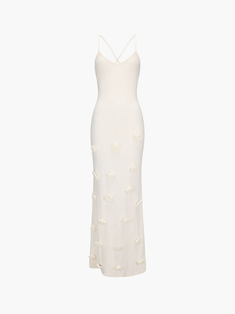 Elegantes Häkel Maxi Kleid mit Blumen – Figurbetontes Damenkleid-Jurken-Weiß-S-Vera Lusso