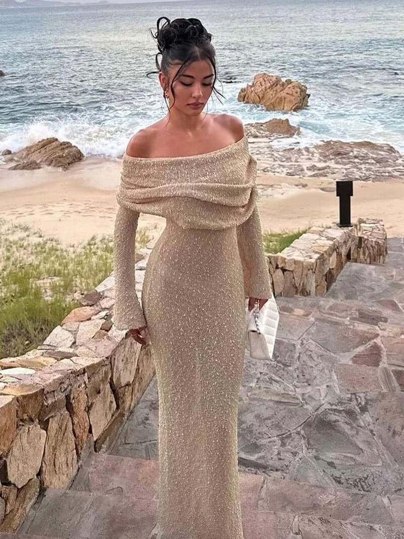 Elegantes Maxi Kleid mit Off-Shoulder Ausschnitt – Damen Abendkleid-Dresses-Vera Lusso