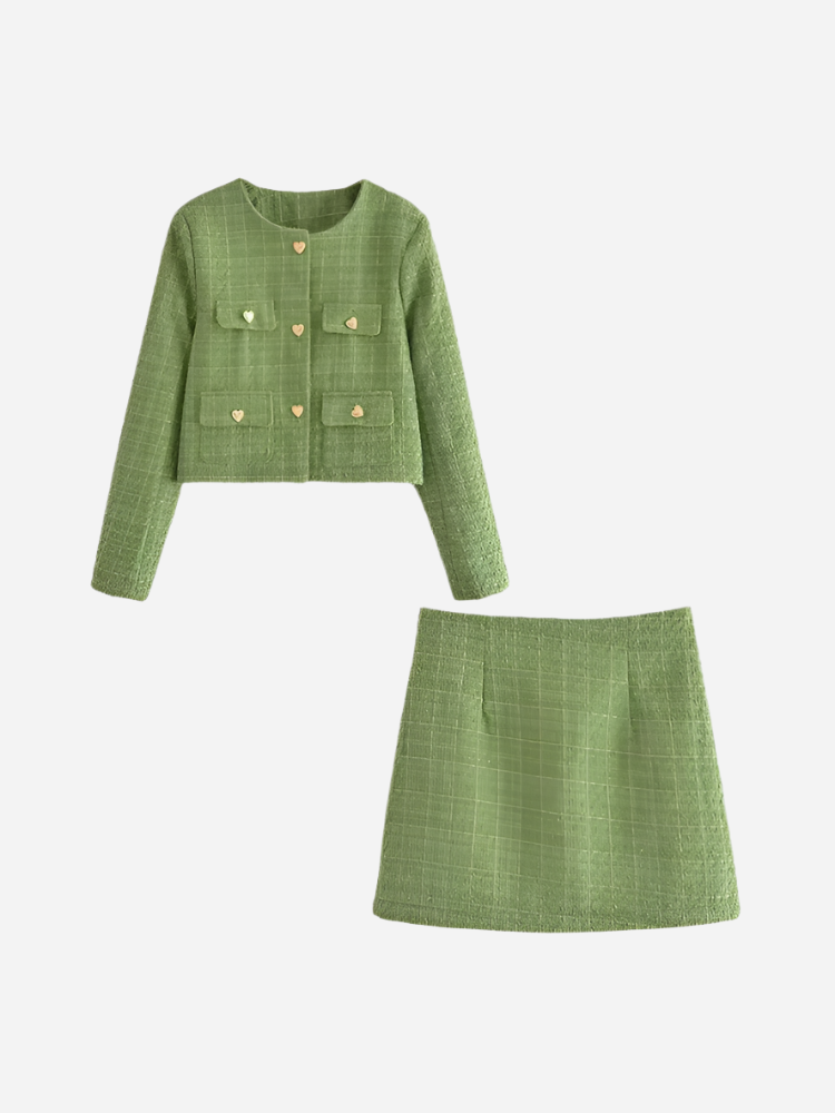 Grünes Tweed Set Mit Herzknöpfen Stilvoll Und Vielseitig-Sets-Grün-XS-WUNDERLOOK