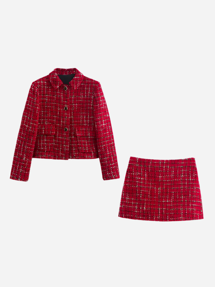 Tweed Blazer und Rock Set Eleganter Stil für Jede Gelegenheit-Sets-Rot-XS-WUNDERLOOK